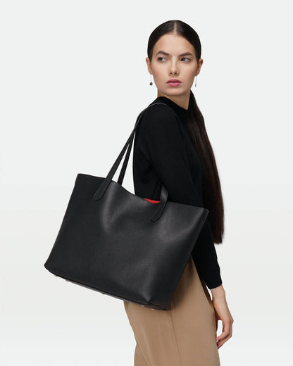 Premium Large Leather Tote – Black Pebble Exterior, Red Suede Interior