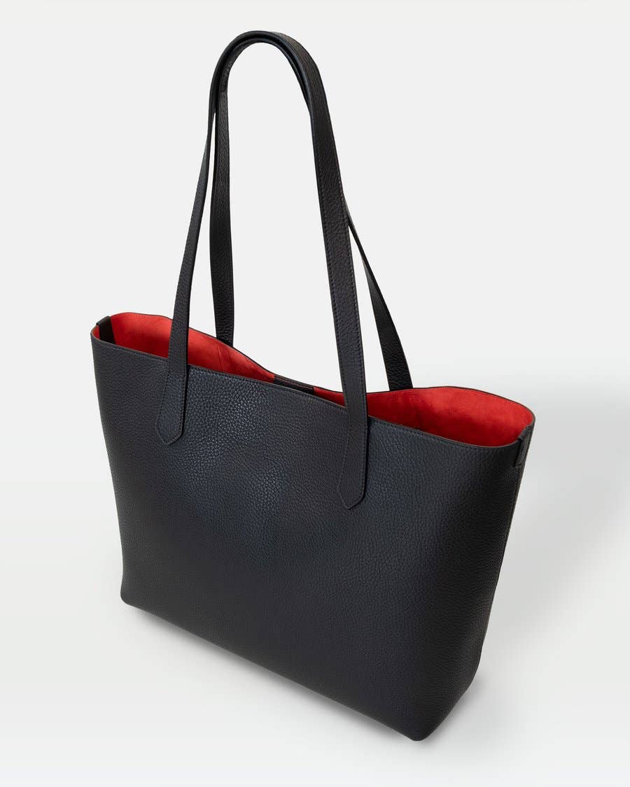 Premium Large Leather Tote – Black Pebble Exterior, Red Suede Interior