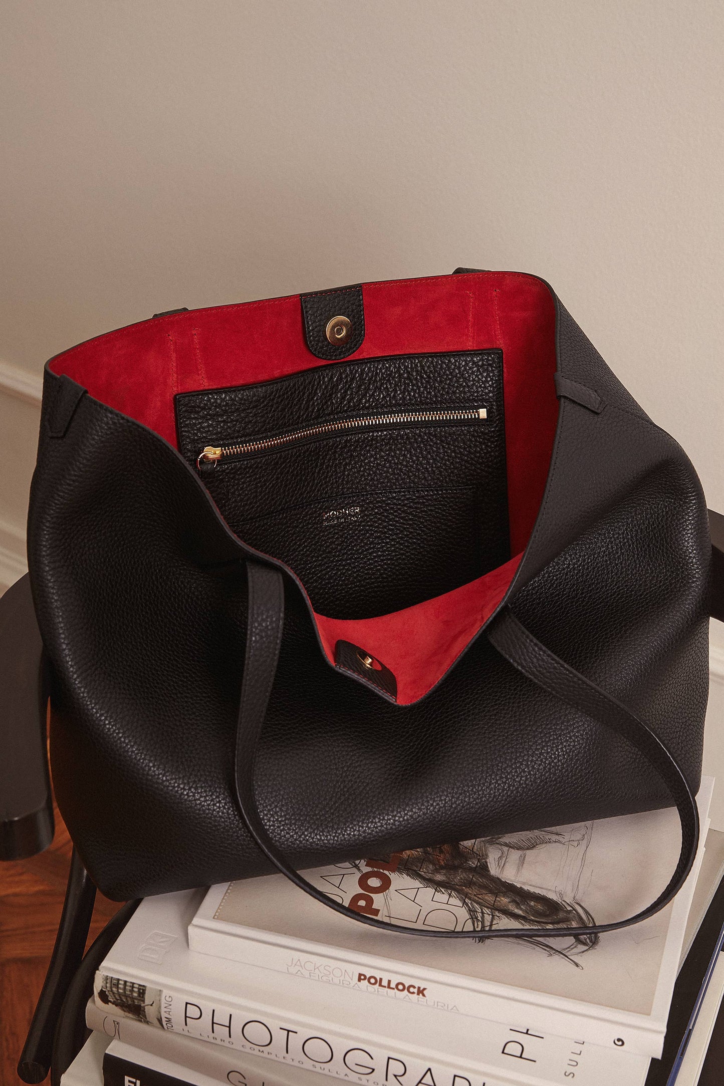 Premium Large Leather Tote – Black Pebble Exterior, Red Suede Interior