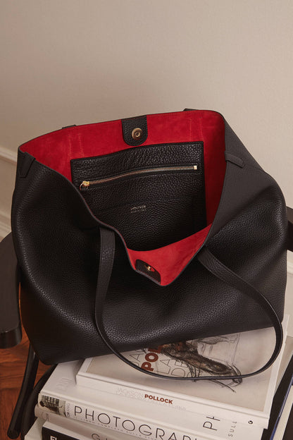 Premium Large Leather Tote – Black Pebble Exterior, Red Suede Interior