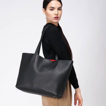 Premium Large Leather Tote – Black Pebble Exterior, Red Suede Interior