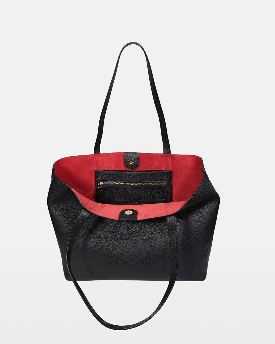Premium Large Leather Tote – Black Pebble Exterior, Red Suede Interior