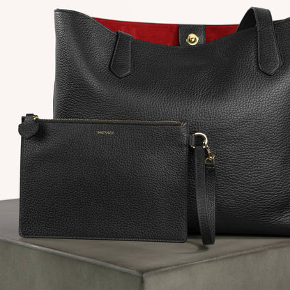 Premium Large Leather Tote – Black Pebble Exterior, Red Suede Interior